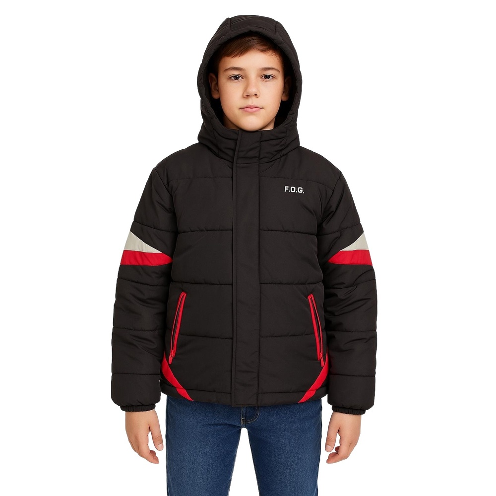 FOG by LONDON FOG Black, Red & White Hooded Puffer Jacket Boys Medium (8/10)